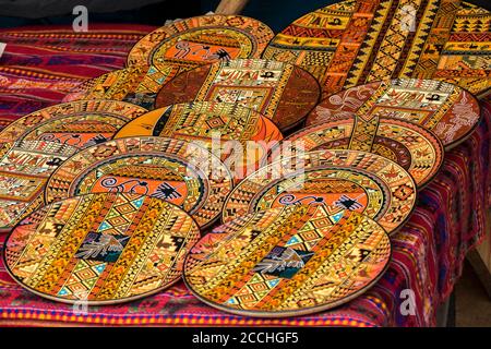 Colorful pottery in a craft market of Pisac, near Cusco, in Peru Stock Photo