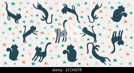 Illustration background pattern of black cats jumping and rolling among the stars. Halloween Concept Stock Photo