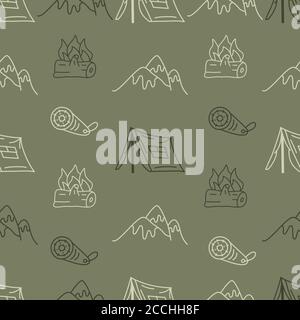 Vintage Hand drawn camping seamless pattern with retro camper, tent and mountains elements. Adventure line art graphics. Stock vector hiking linear Stock Vector