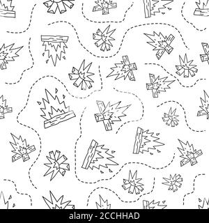 Vintage Hand drawn camping seamless pattern with retro camp fires elements. Adventure silhouette line art graphics. Stock vector travel linear Stock Vector