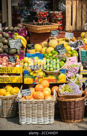 Fruit and vegetables on display outside an organice produce shop Stock Photo