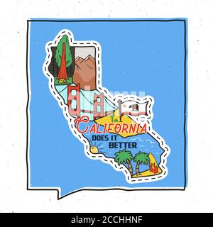 Vintage adventure California badge illustration design. Outdoor US state emblem with Cali attractions and text - California Does It Better. Unusual Stock Vector