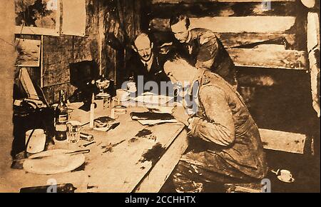 WWI British Army Staff Officers in their relatively luxurious dugout office on the Western Front. Stock Photo