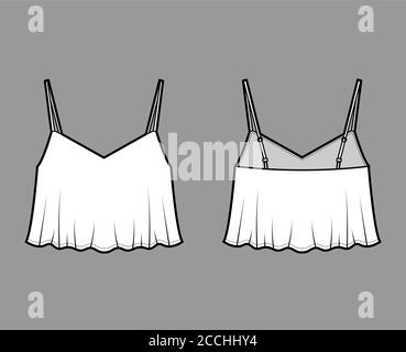 Cropped camisole top technical fashion illustration with sweetheart neck, flare hem, loose silhouette, adjustable straps. Flat tank apparel template front back white color. Women men unisex CAD mockup Stock Vector