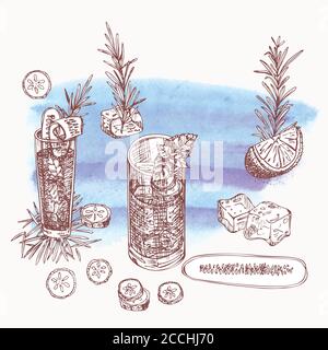 Alcoholic cocktail drink Hand drawn sketch art on watercolor background Vodka, whiskey, wine Vintage design for bar, restaurant, cafe menu, flyer Stock Vector