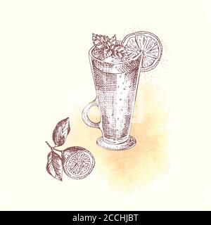 Alcoholic cocktail drink Hand drawn sketch art, watercolor background Christmas Mulled red wine, xmas spices Vintage design for bar, restaurant, cafe Stock Vector