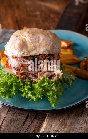 pulled pork in a bun with fries Stock Photo