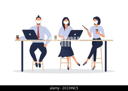 Women and man friends or colleagues in protective masks sitting at desk in loft office or cafe,working at notebook and tablet,talking during epidemic Stock Vector