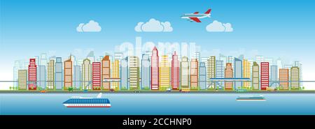 Colorful city skyline with traffic of various vehicles train airplane car ship in flat style, cityscape. The concept of the modern city Stock Vector