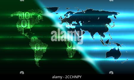 Binary code world map with a background of abstract hardware. Digital global technologies take over the world. Concept of digital technology, cloud se Stock Vector