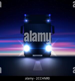 Night silhouette big semi truck with bright headlights and semi riding in the dark on the night road on colorful starry sky background front view, vec Stock Vector