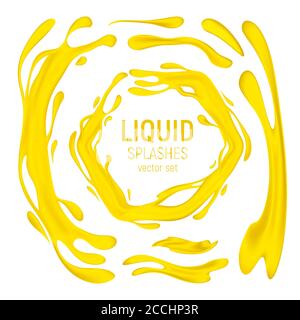 Juice or oil drips and splashes vector set. 3D realistic illustration of the yellow or orange healthy drink, horizontal and vertical splashes or liqui Stock Vector