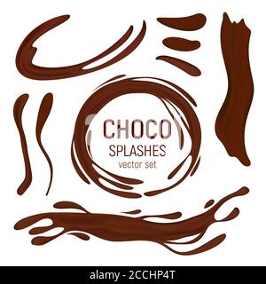 Choco or coffee drips and splashes vector set. 3D realistic illustration of the brown or dark chocolate, horizontal and vertical splashes or liquid sw Stock Vector