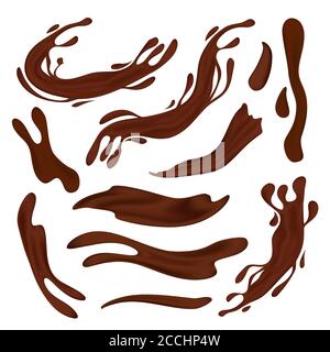 Choco or coffee drips and splashes vector set. 3D realistic illustration of the brown or dark chocolate, horizontal and vertical splashes or liquid sw Stock Vector
