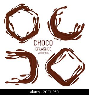 Choco or coffee drips and splashes vector set. 3D realistic illustration of the brown or dark chocolate, horizontal and vertical splashes or liquid sw Stock Vector