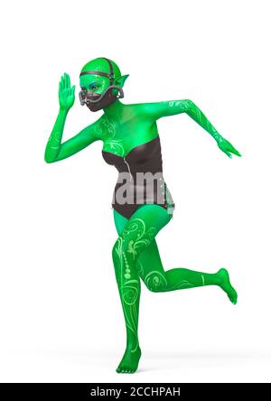 blue elf is running very fast in white background, 3d illustration ...