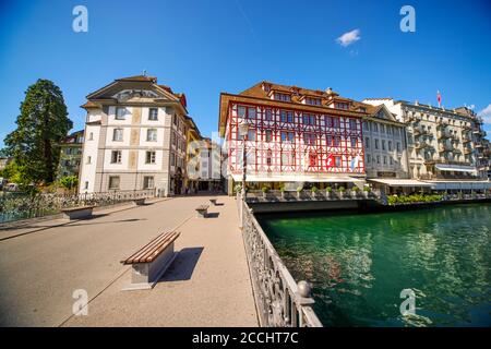 Wonderful mansions in the city center of Lucerne - LUCERNE, SWITZERLAND - AUGUST 16, 2020 Stock Photo