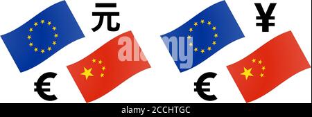 EURCNY forex currency pair vector illustration. EU and Chinese flag, with Euro and renminbi / yuan symbol. Stock Vector