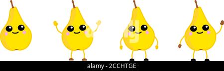 Cute kawaii style Pear fruit icon, large eyes, smiling. Version with hands raised, down and waving. Stock Vector