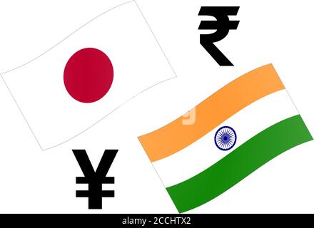 JPYINR forex currency pair vector illustration. Japanese and Indian flag, with Yen and Rupee symbol. Stock Vector