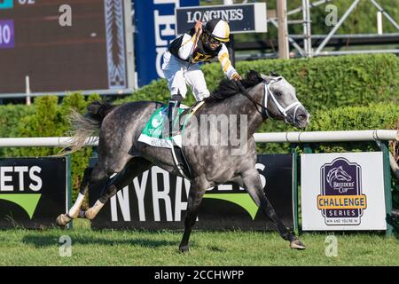 Saratoga Springs, New York, USA. 22nd Aug, 2020. August 22, 2020, Saratoga Springs, NY, USA: August 22, 2020: HALLADAY #5, ridden by LUIS SAEZ, wins the The FourStarDave gr1 at Saratoga Race Course in Saratoga Springs, New York. Rob Simmons/CSM Credit: Cal Sport Media/Alamy Live News Stock Photo