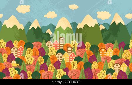Autumn fores and town landscape vector background in flat cartoons style. Horizontal repeated background with Fall trees, house, car, mountains and cl Stock Vector