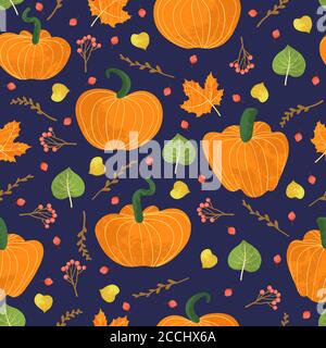 Vector seamless pattern with pumpkins, falling leaves, autumn floral elements. Bright repeated texture for fall season. Wrapping paper. Harvest time. Stock Vector