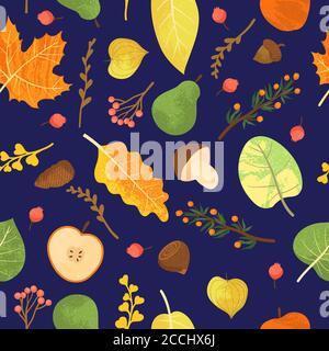 Colorful autumn leafs pattern in warm colors, seamless. Falls leaves background repeat. Trendy flat design with texture. Great for backgrounds, cards, Stock Vector