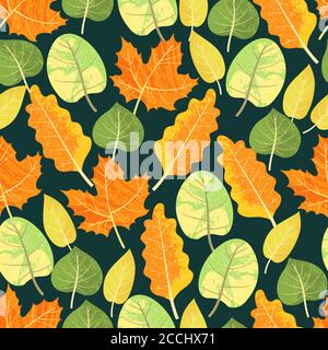 Colorful autumn leafs pattern in warm colors, seamless. Falls leaves background repeat. Trendy flat design with texture. Great for backgrounds, cards, Stock Vector