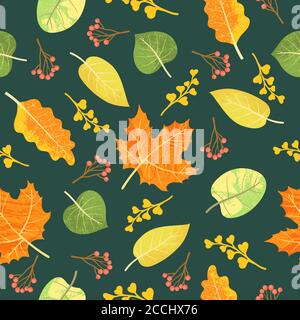 Colorful autumn leafs pattern in warm colors, seamless. Falls leaves background repeat. Trendy flat design with texture. Great for backgrounds, cards, Stock Vector