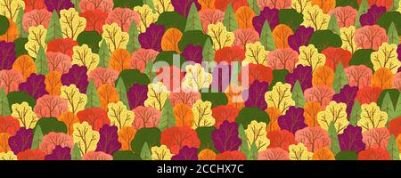 Vector seamless pattern with colorful autumn forest trees and bushes. Flat cartoons design. Horizontal colorful fall background with trees. Great for Stock Vector