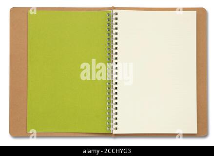 Brown spiral notebook opened on green page isolated on white background Stock Photo