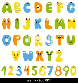 Cartoon alphabet and numbers on a white background. Stock Photo