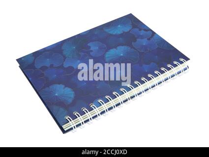Blue spiral notebook with lotus leaves pattern on cover isolated on white background Stock Photo