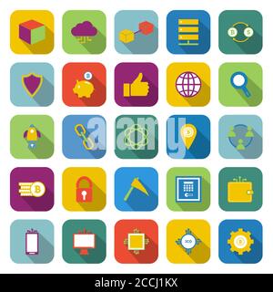 Blockchain color icons with long shadow, stock vetor Stock Vector