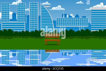 landscape of wooden bridge on the river Stock Vector
