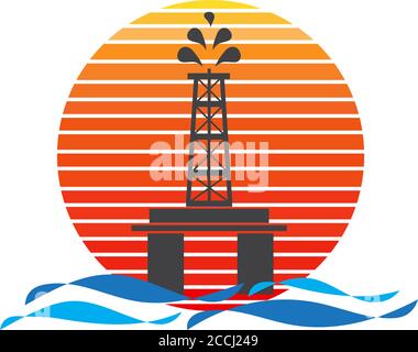 Vector of offshore oil platform on sea and sunset in background. Oil and gas company silhouette logo illustration design Stock Vector