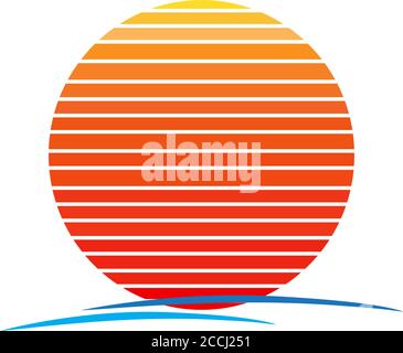 Vector of gradient sunset and sea wave. Retro style 80s logo or icon illustration design Stock Vector