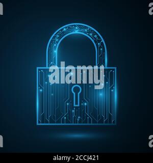 Security lock in futuristic cyber style. Password protection of computer system data and files. Glowing blue motherboard circuit. Vector illustration. Stock Vector