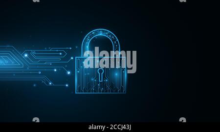 Cyber style security lock. Password protection of computer system data and files. Scientific background. Glowing blue motherboard circuit. Vector illu Stock Vector