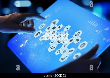 Mixed media, Business intelligence icons on virtual screen, analysis and big data processing dashboard. Business and modern information technology con Stock Photo