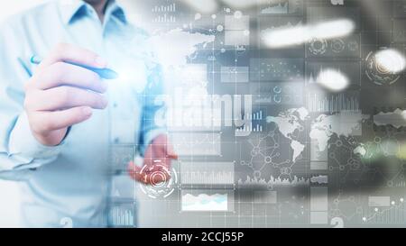Business intelligence dashboard with graph and icons. Big data. Trading and investment. Modern technology concept on virtual screen. Stock Photo