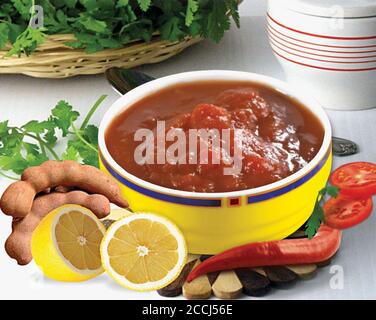 Tamarind with tamarind water concentrate chutney pulp or paste on white background, Red Chatani, coriander , chilli, basil, mint and tomato mixed sauc Stock Photo