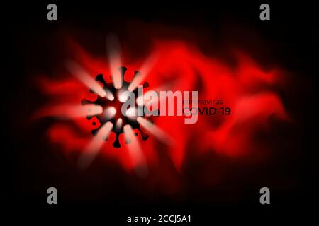 Dark coronavirus sign on a background of red fog. Outbreak of COVID-19 virus infection in world. Influenza pandemic. Pneumonia disease. Quarantine cor Stock Vector