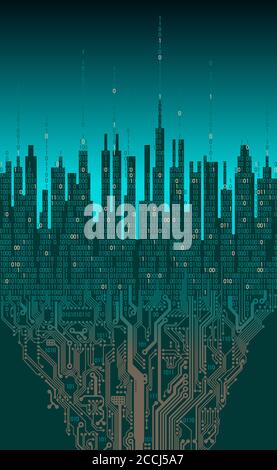 City online. Abstract futuristic digital city, hi-tech information background. High-tech computer digital technology concept Stock Vector
