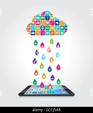 Rain from mobile apps: the application downloaded and installed to smartphone from the cloud Stock Vector