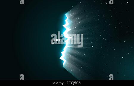 Light and stars in space from cracks in surface. Dark broken wall glow portal into space. Dark universe with crack continuum for impressive design. Ve Stock Vector