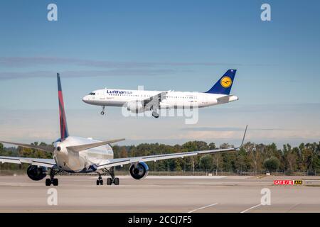 Munich, Germany - October 01. 2019 : Lufthansa Airbus A320-211  with the aircraft registration D-AIPF  in the approach to the northern runway  of the Stock Photo