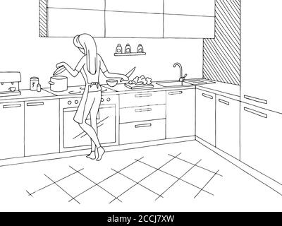Kitchen room graphic black white home interior sketch illustration vector. Woman cooking Stock Vector