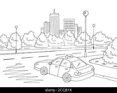 Street road graphic black white city landscape sketch illustration vector. Taxi car Stock Vector